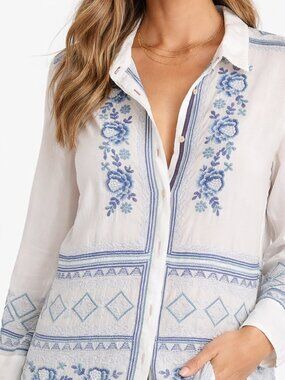 Johnny Was | Ivory White Boho Floral Embroidered Stitch Button Up Shirt Small